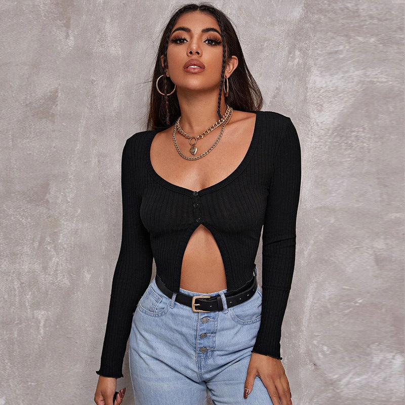 Short Sleeve Cropped Cardigan Top Sexy Button Knitted T Shirt