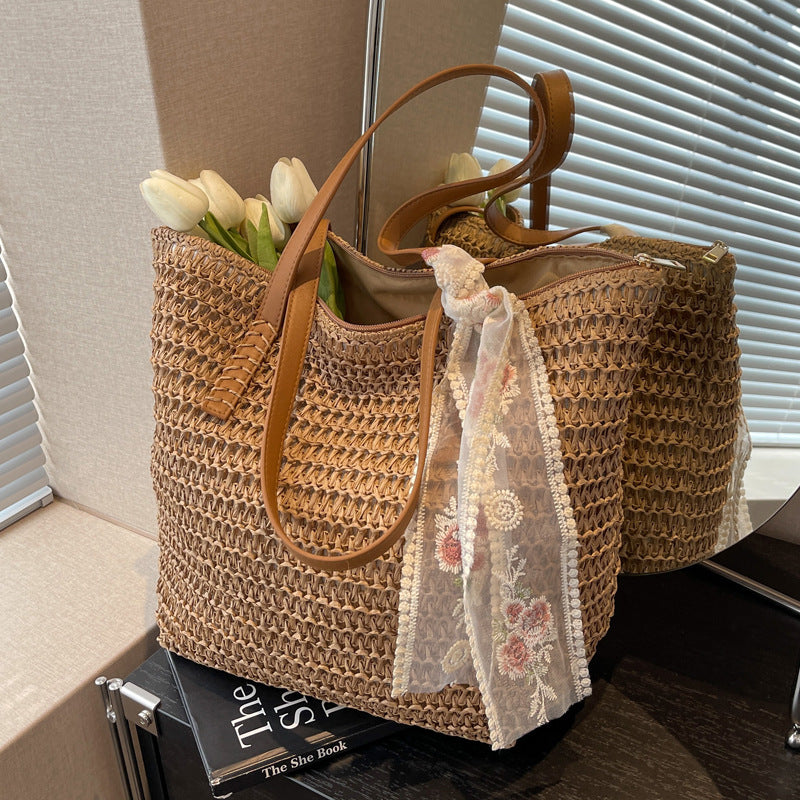 Women's Fashion Large-capacity Woven One-shoulder Bucket Bag