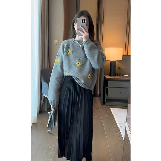 Orange-yellow Vintage Embroidered Sweater For Women Relaxed And Effortless Style