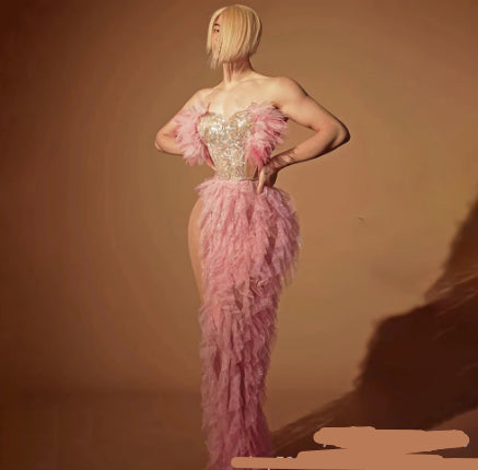 High-end Socialite Long Dress Sheer Mesh Fabric With Openwork Strapless Gown