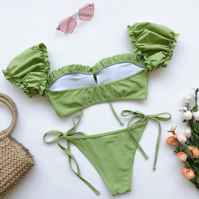 Ruffle Lettuce Trim Ruched Bikini Sets, Tie Side Drawstring High Cut Two Piece Swimsuit, Women's Swimwear & Clothing
