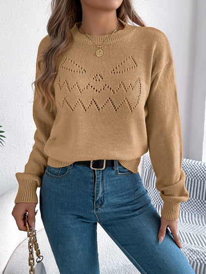 Women Solid Color Hollow Out Lantern Sleeve Pullover Sweater