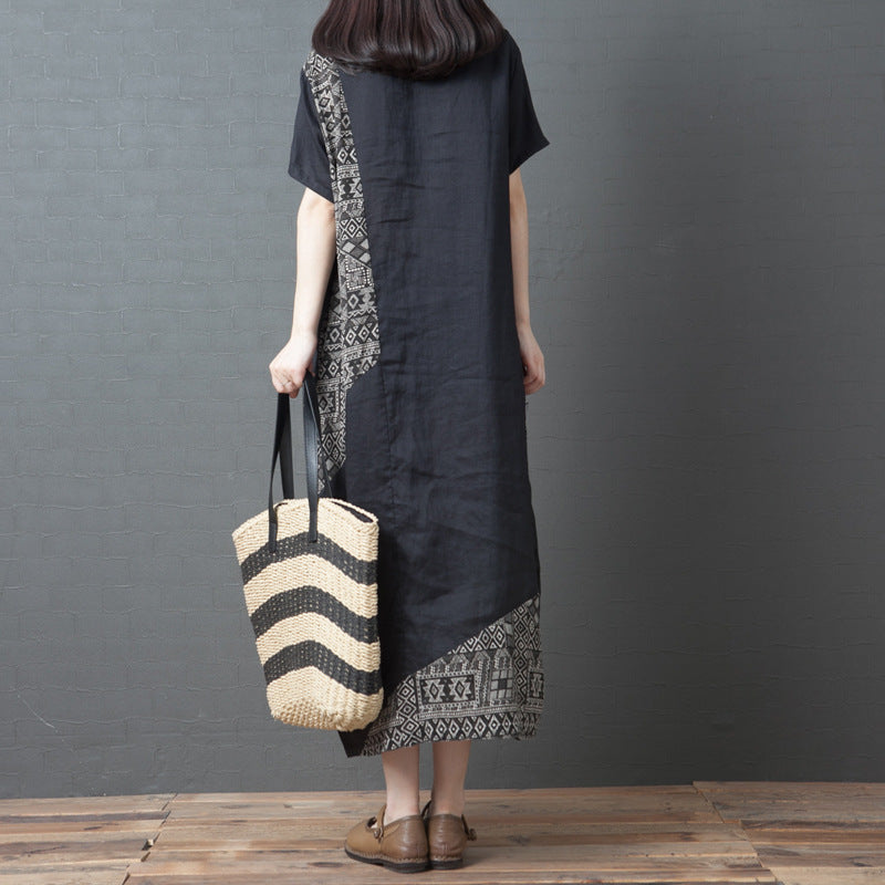 Patchwork Printed Cotton And Linen Crew-neck Short-sleeve Dress
