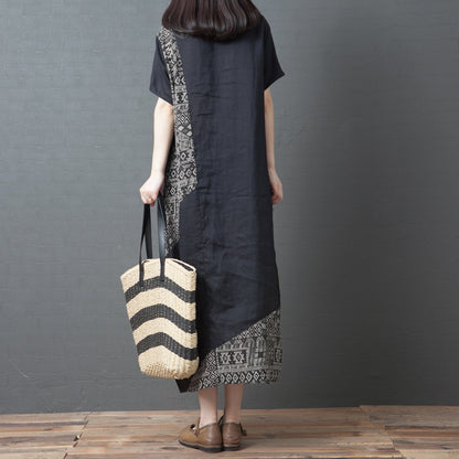 Patchwork Printed Cotton And Linen Crew-neck Short-sleeve Dress