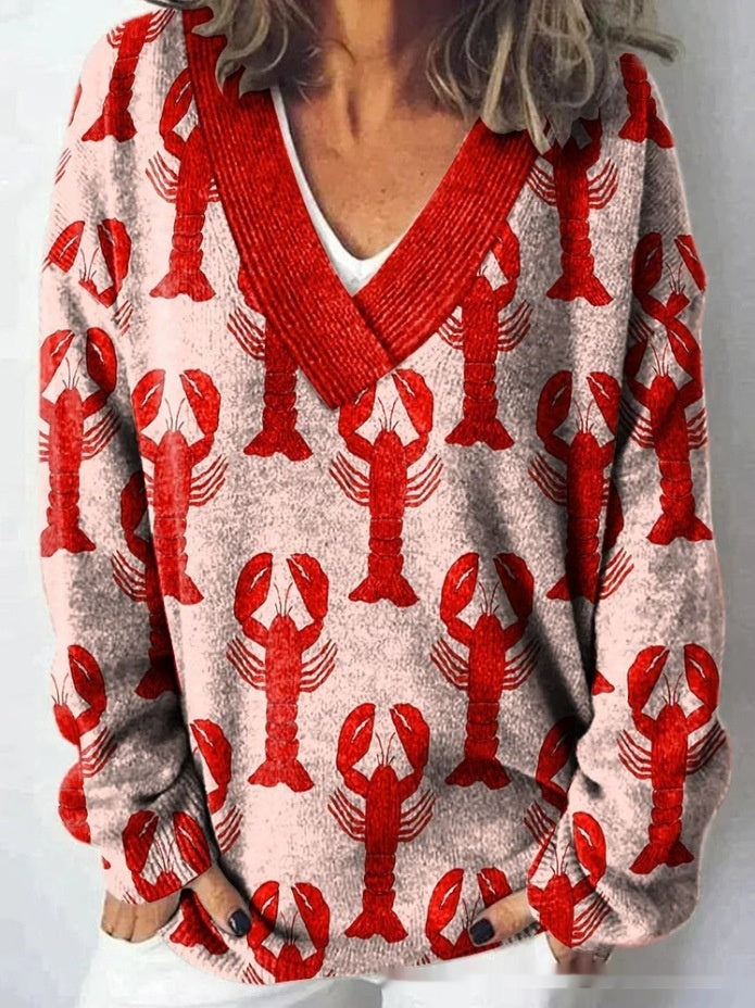 Floral Pattern Printed V-neck Long Sleeve Casual Sweatshirt