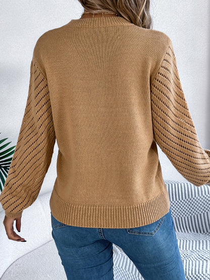 Women Casual Solid Color Crew Neck Hollow Out Lantern Sleeve Sweater
