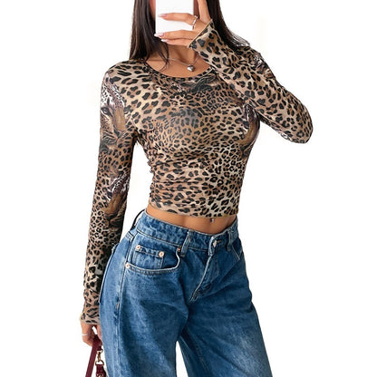 Leopard Print Long Sleeve Top - Vintage Animal Print Shirt for Women