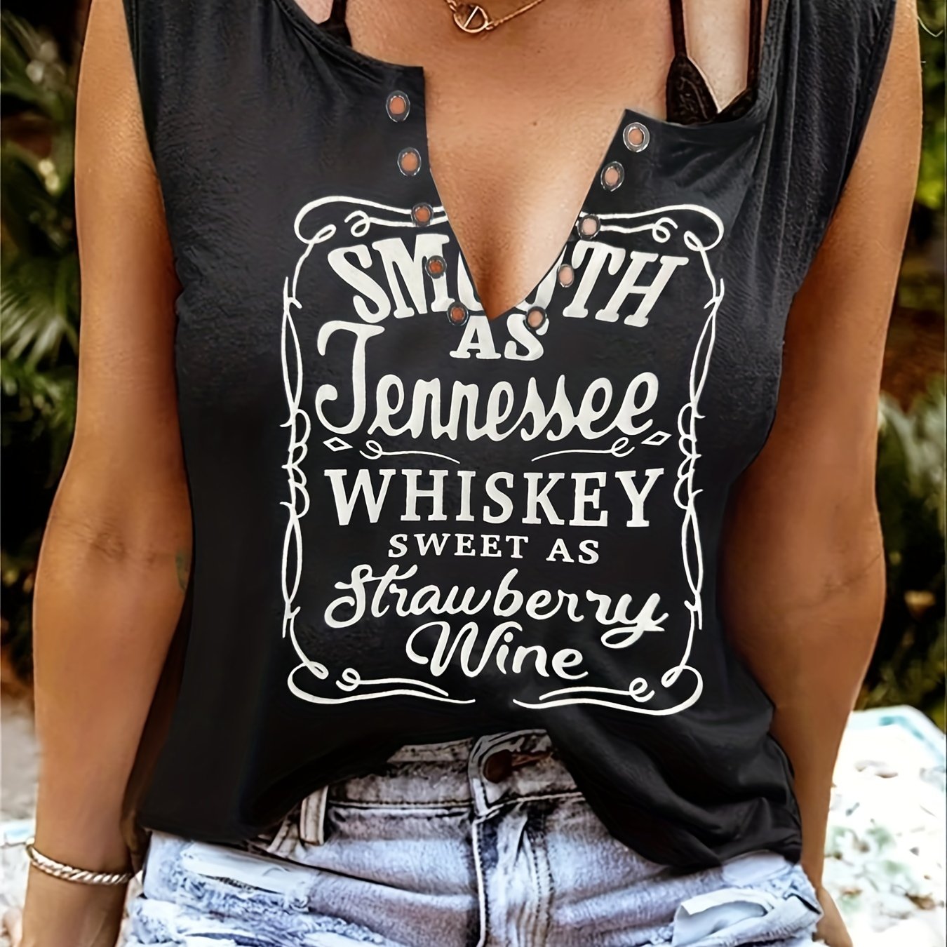 Smooth As Tennessee Whiskey Sweet As Strawberry Wine Women's Tank Top - Soft Pink Sleeveless V-Neck Casual Shirt with Bold Letter Print, Thick Strap Country Music Style, Machine Washable All-Season Wear, Festive Concert Attir