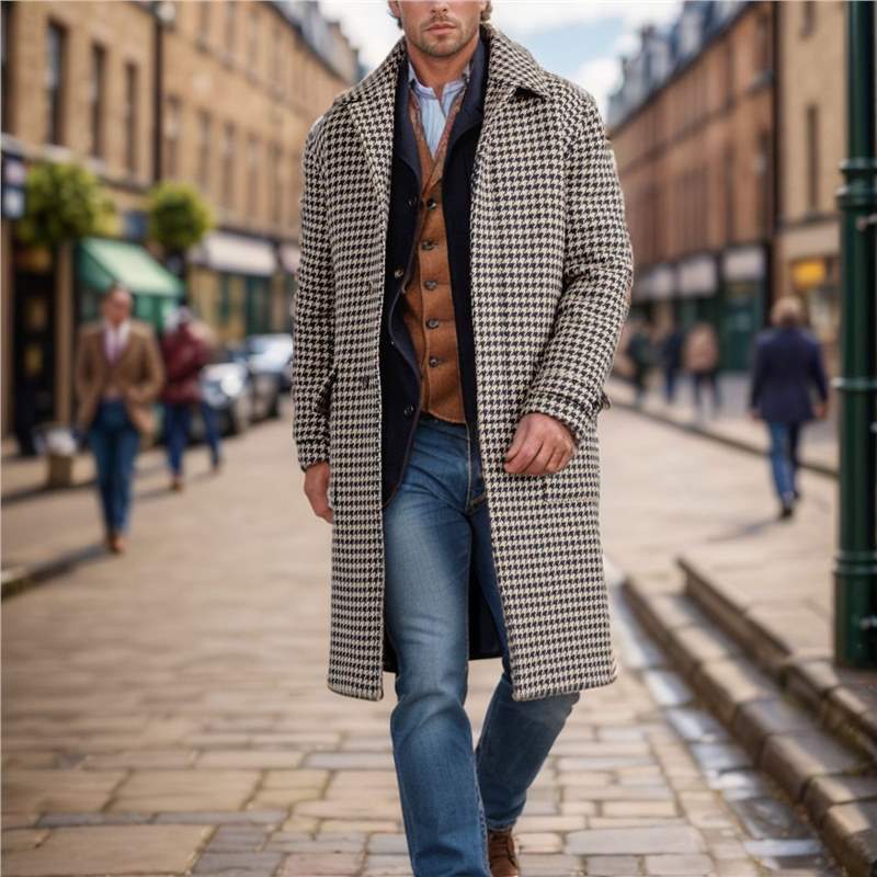 Herren-Wollmantel, mittellang, gesteppt, Hahnentrittmuster