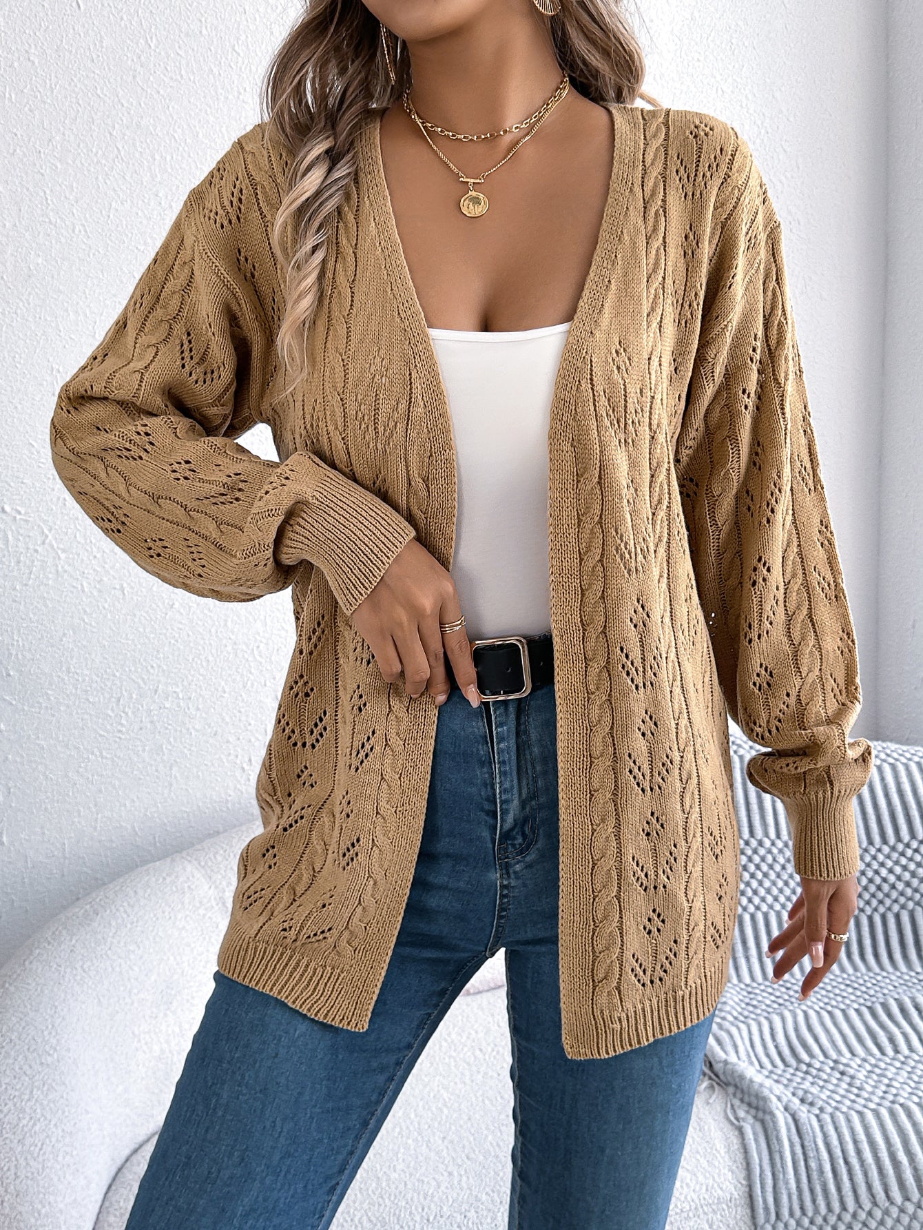 Women Casual Solid Color Hollow Out Long Sleeve Cardigan Sweater Coat