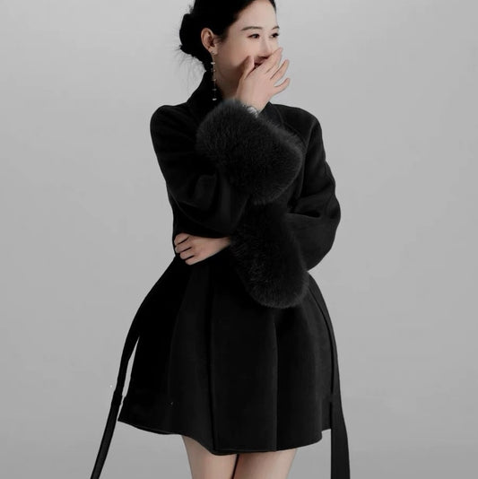 Women's Black Fox Fur Double-faced Cashmere Elegant Short Coat