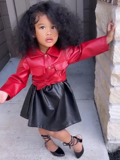 Vibrant Color Block PU Leather Dress for Girls - Stylish Button Lapel Design, Adjustable Belt, and Comfortable Fit for Kids' Everyday Wear