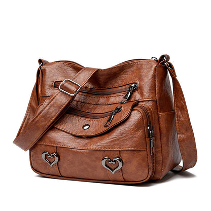 Crossbody Bag Soft Leather Textured Retro Large Capacity Middle-aged
