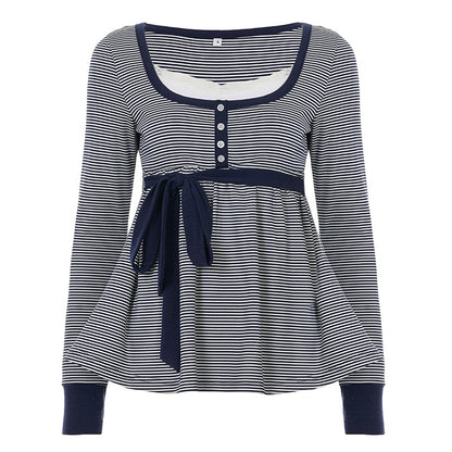 Lace-trimmed Faux Two-piece Striped High-waist Long-sleeve Versatile Top