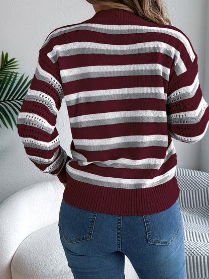 Women Casual Hollow Out Color Block Stripe Lantern Sleeve Pullover Sweater