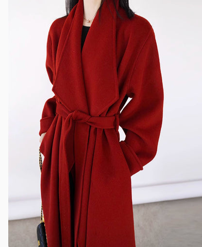 Handmade Red Wool Mid-length Cashmere Coat