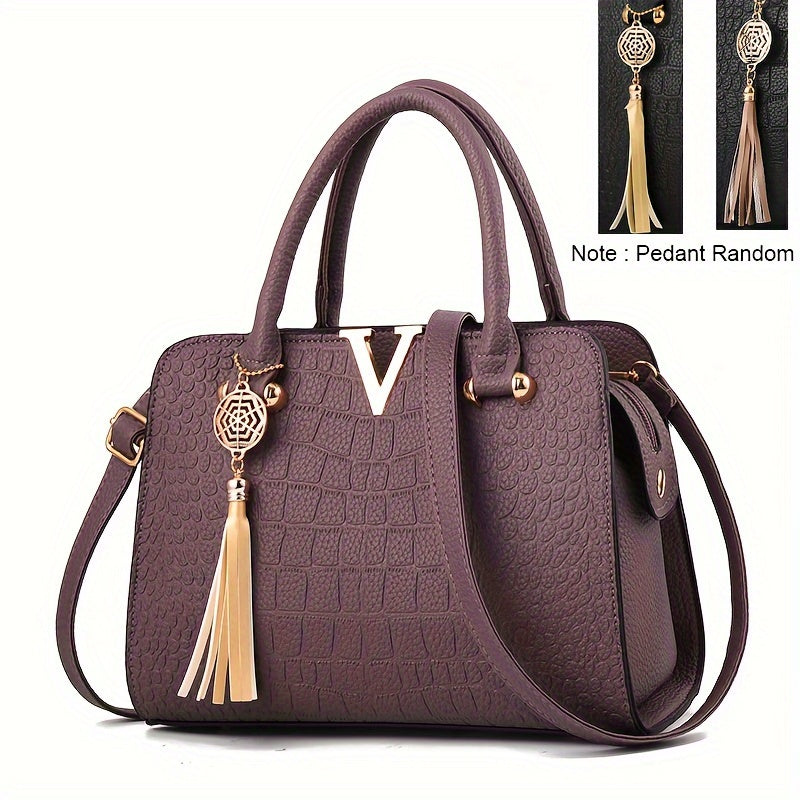 Crocodile Pattern Satchel Bag, Tassel Decor Double Handle Purse, Women's Shoulder Bag For Work