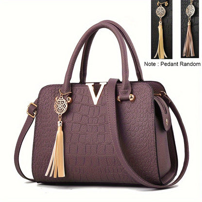 Crocodile Pattern Satchel Bag, Tassel Decor Double Handle Purse, Women's Shoulder Bag For Work