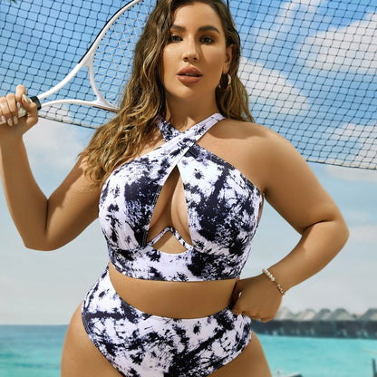 Cross Collar Random Printed Bikini Swimsuit Suit