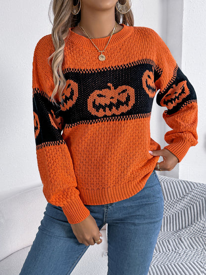 Women Pumpkin Head Color Block Long Sleeve Pullover Sweater