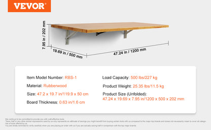 VEVOR Wall Mounted Folding Table, Wall Mount Drop Leaf Table, Wooden Floating Desk with Iron Bracket, Fold Down Desk for Spaces