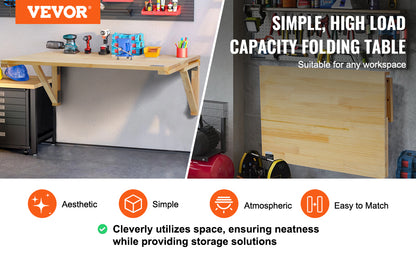 VEVOR Wall Mounted Folding Table Wooden Floating Desk with Iron Bracket Drop Leaf for Home Office Kitchen Bar Space-Saving