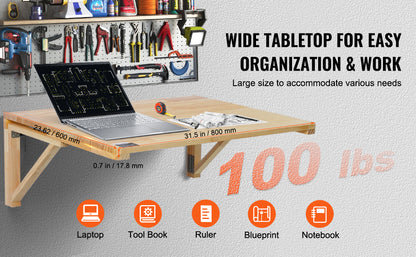 VEVOR Wall Mounted Folding Table Wooden Floating Desk with Iron Bracket Drop Leaf for Home Office Kitchen Bar Space-Saving