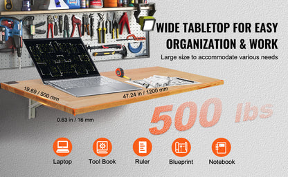 VEVOR Wall Mounted Folding Table, Wall Mount Drop Leaf Table, Wooden Floating Desk with Iron Bracket, Fold Down Desk for Spaces