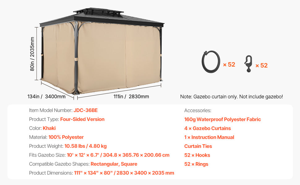 VEVOR Gazebo Curtains 4-Panel Sidewall Gazebo Privacy Curtains with Zippers Universal Sunshade Curtains Replacement for Patio