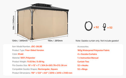 VEVOR Gazebo Curtains 4-Panel Sidewall Gazebo Privacy Curtains with Zippers Universal Sunshade Curtains Replacement for Patio