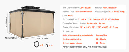 VEVOR Gazebo Curtains 4-Panel Sidewall Gazebo Privacy Curtains with Zippers Universal Sunshade Curtains Replacement for Patio