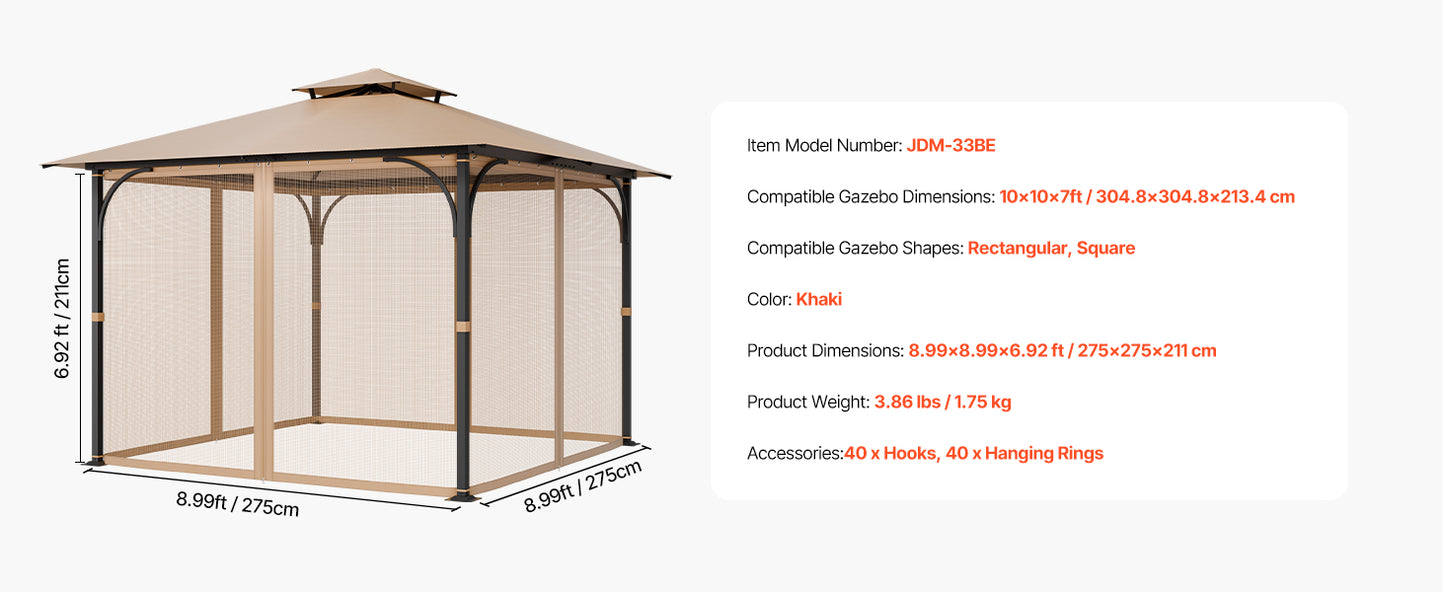 VEVOR Gazebo Netting Replacement Outdoor Garden Gazebo Ne 4-Panel Sidewall Mesh Gazebo Curtain with Double Zipper for Garden