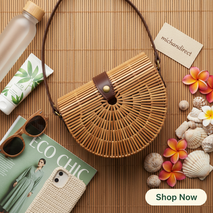 Flat-lay of handwoven bamboo bag with eco-friendly beach essentials and sustainable lifestyle props
