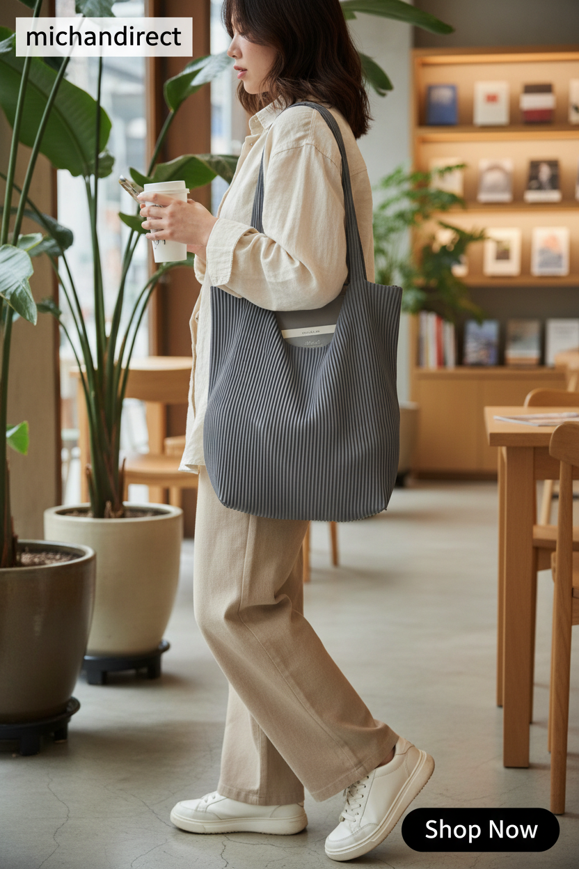 Woman carrying Korean style pleated tote in trendy café interior lifestyle shot