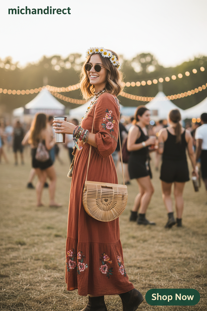 Woman carrying bamboo tube bag at summer music festival in bohemian outfit