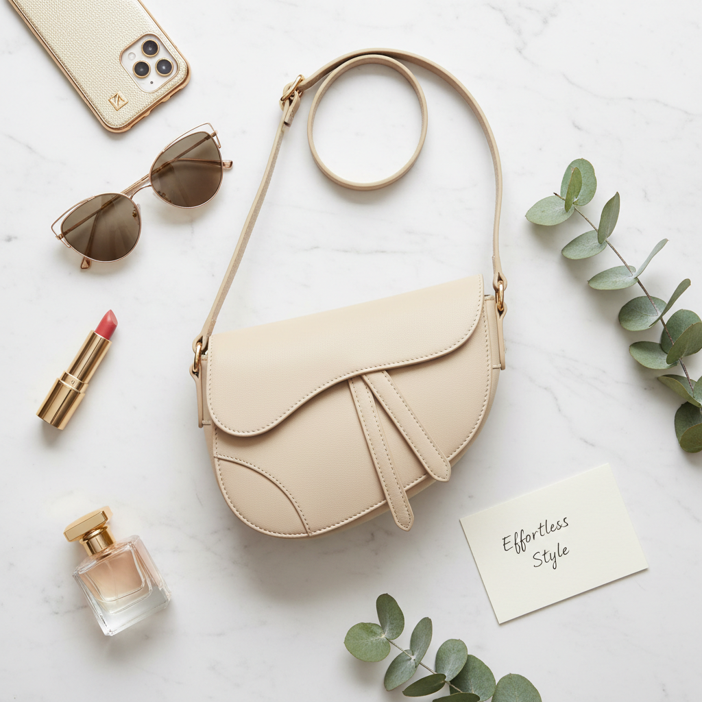 Flat-lay composition of saddle bag with designer accessories sunglasses lipstick and eucalyptus on marble