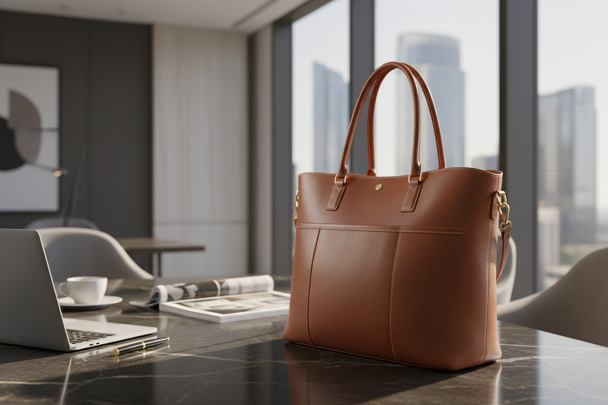 Large brown leather tote bag with three compartments on executive desk with laptop and professional office setting
