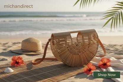 Handwoven bamboo tube shoulder bag on natural surface with beach setting and michandirect branding