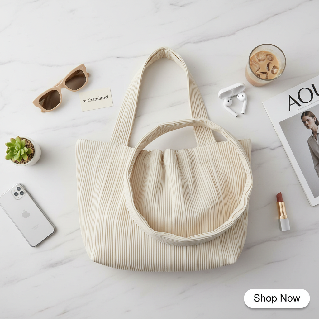 Flat-lay of Korean pleated tote bag with aesthetic lifestyle props and michandirect branding