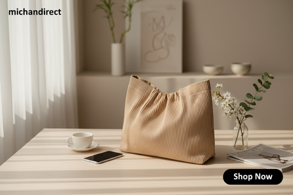 Korean style pleated tote bag on minimalist surface with michandirect branding and shop now button