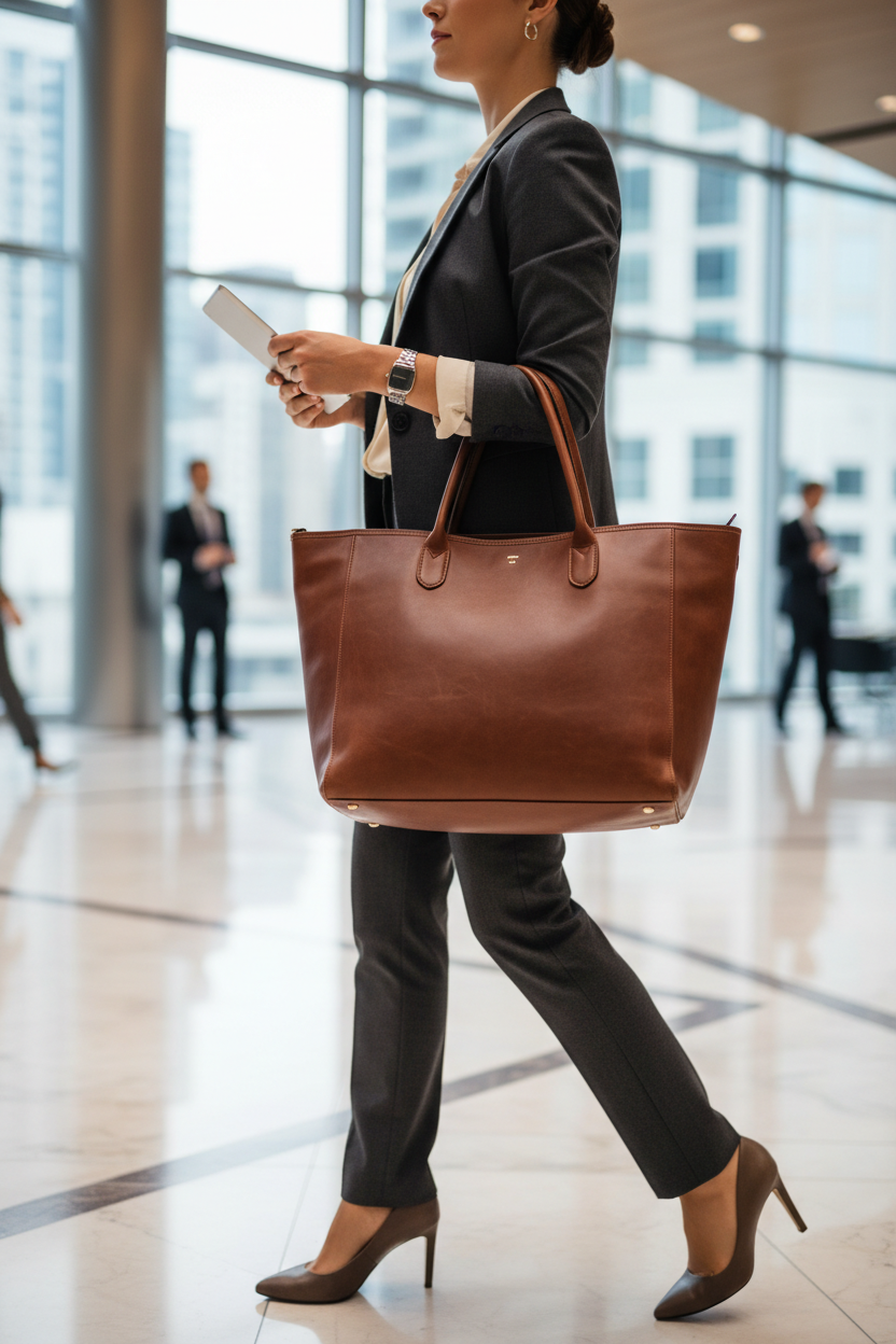 Professional woman carrying large leather work tote bag through modern office lobby in business attire