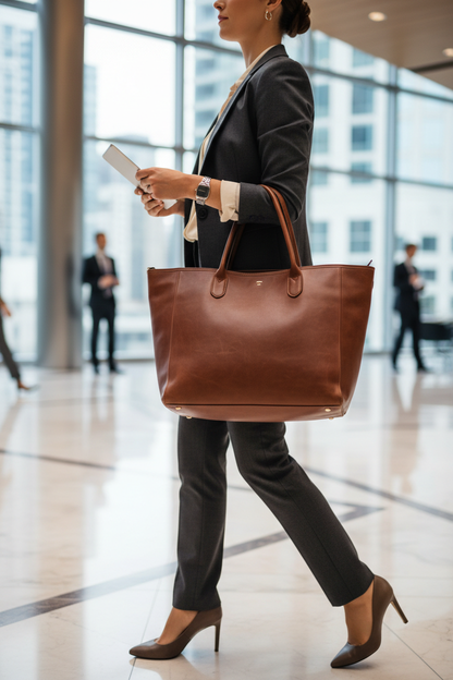 Professional woman carrying large leather work tote bag through modern office lobby in business attire