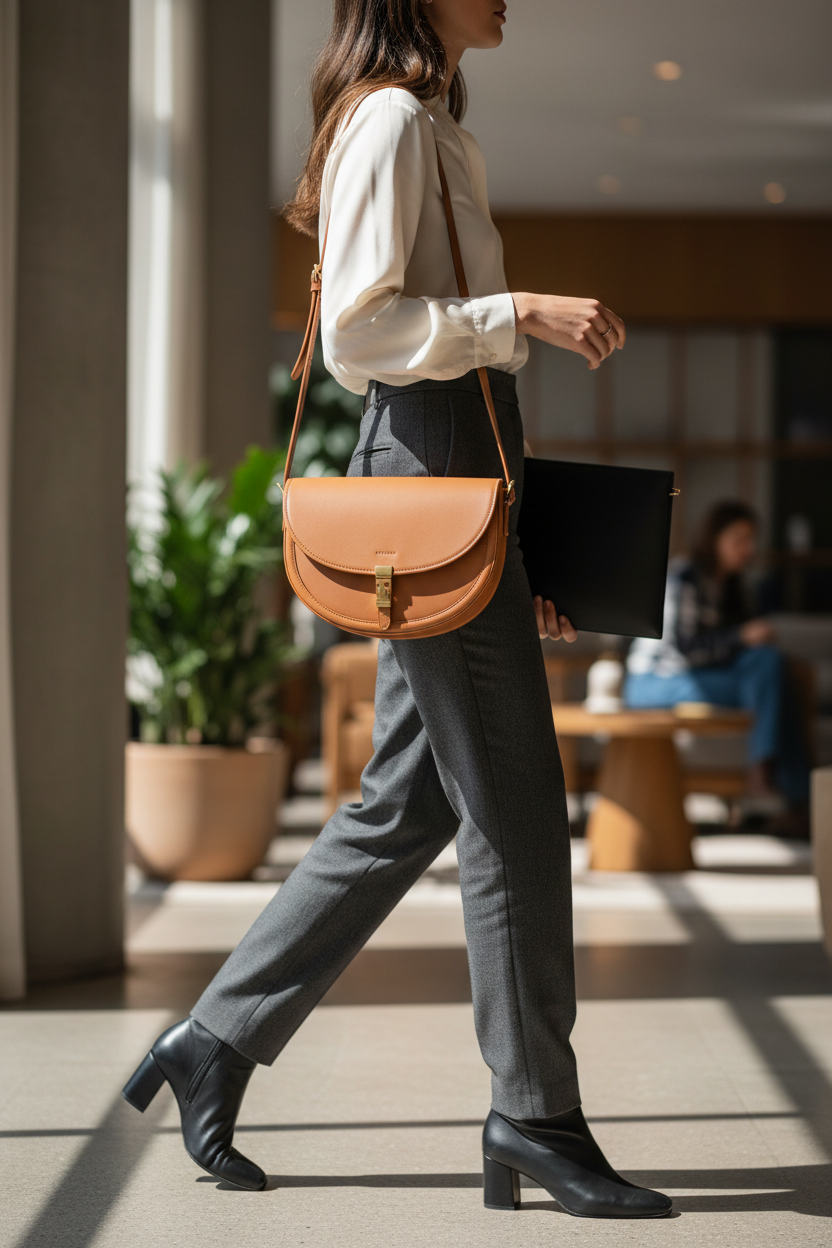Woman walking confidently through modern interior wearing saddle crossbody bag with tailored outfit