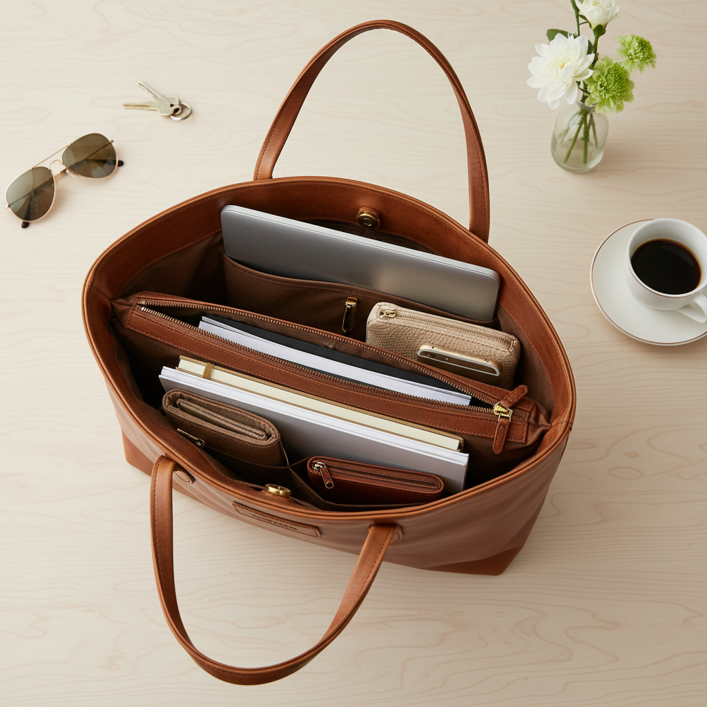 Flat-lay of opened leather tote showing three organized compartments with laptop documents and work essentials