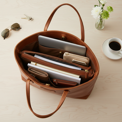 Flat-lay of opened leather tote showing three organized compartments with laptop documents and work essentials