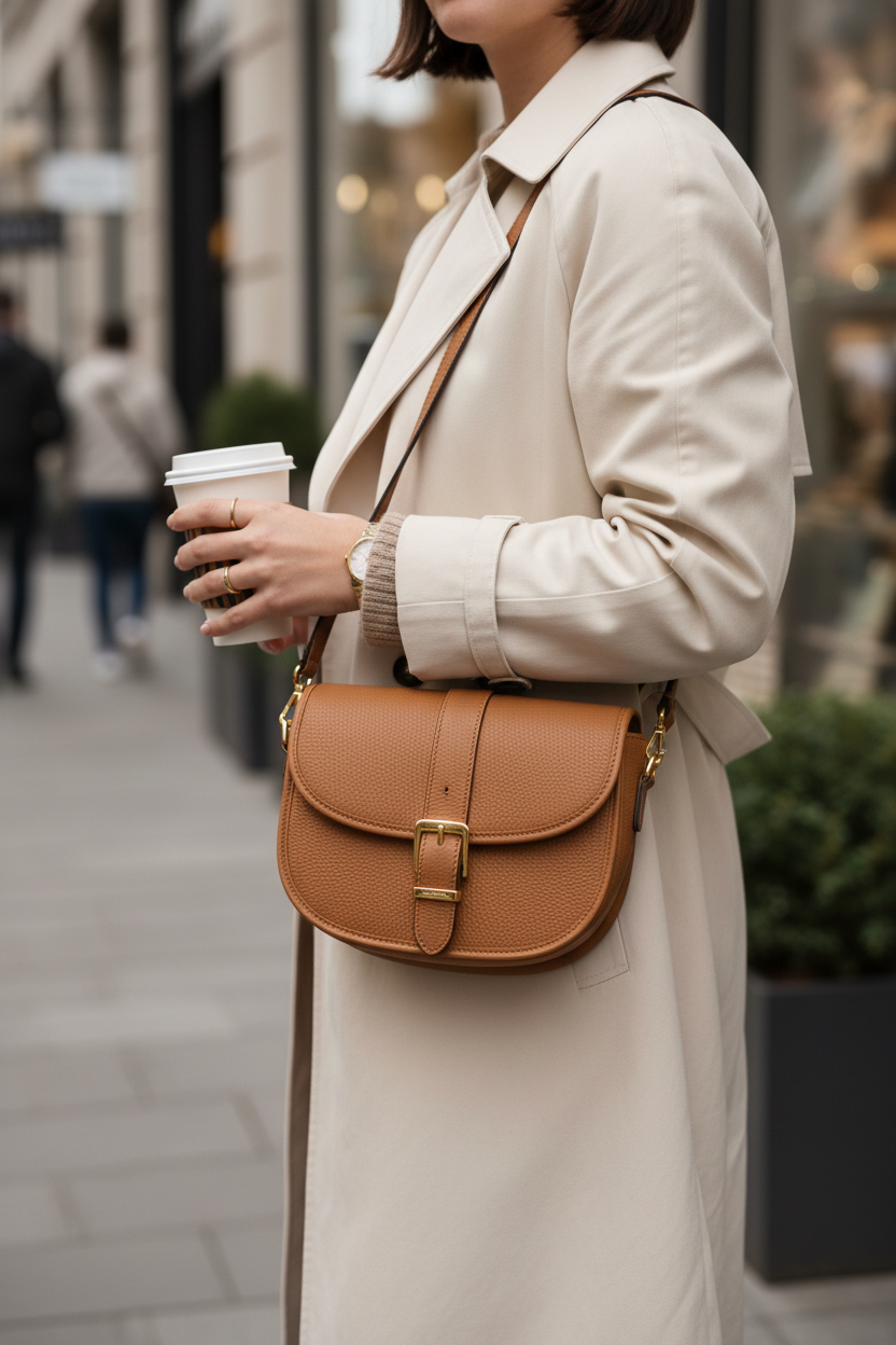 Women wearing saddle crossbody bag in neutral trench coat holding coffee cup on city street
