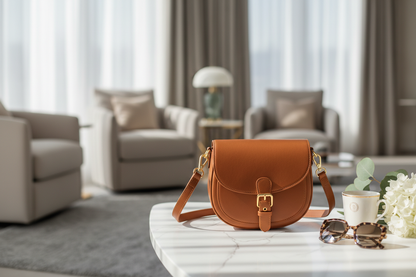 Women's premium saddle crossbody bag on marble surface with luxury lifestyle props and soft natural lighting