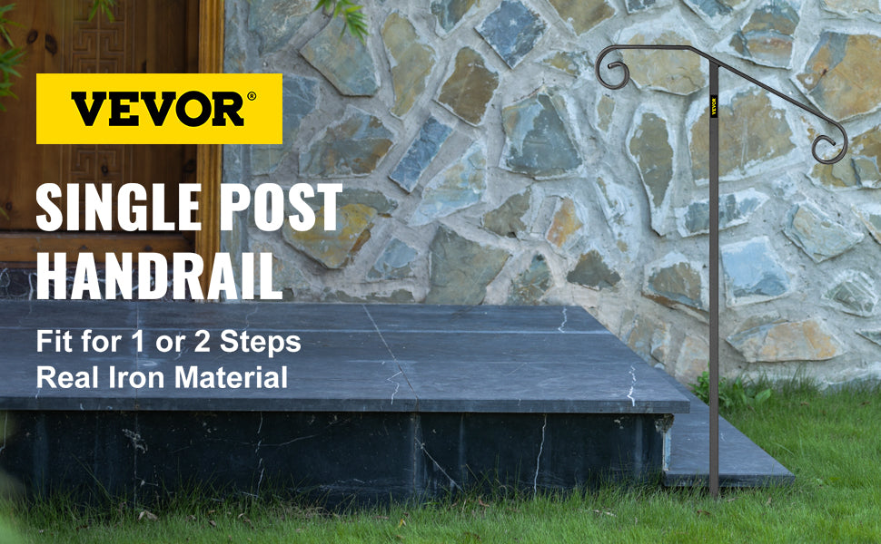 VEVOR Single Post Wrought Iron Handrail  Post Mount Step Grab Supports in Ground Long Post Fits 1 or 2 Steps Grab Rail Single
