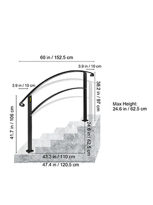 VEVOR Wrought Iron Handrail Fits 1 or 5 Steps with Installation Kit Hand Rails for Outdoor Steps Transition Handrail Stair Rail