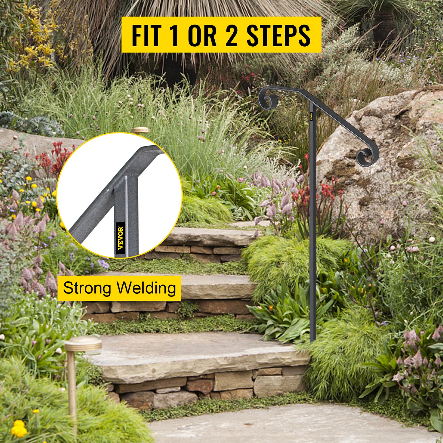 VEVOR Single Post Wrought Iron Handrail  Post Mount Step Grab Supports in Ground Long Post Fits 1 or 2 Steps Grab Rail Single